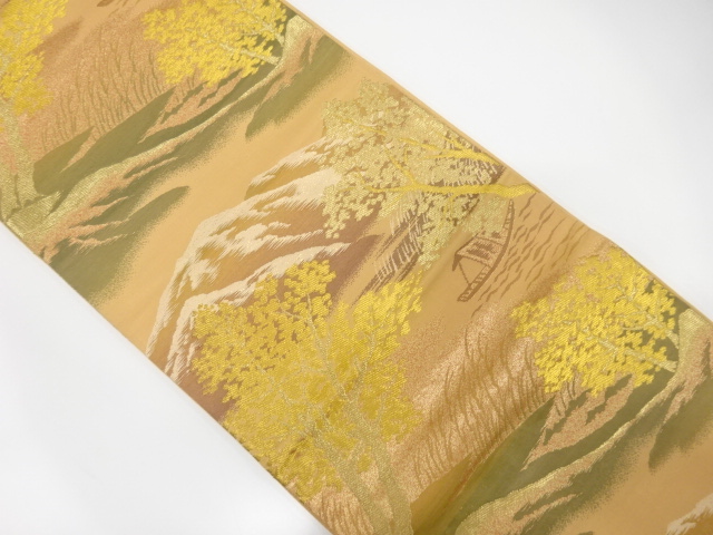 JAPANESE KIMONO / ANTIQUE FUKURO OBI / SILK / WOVEN MOUNTAINS & BOAT